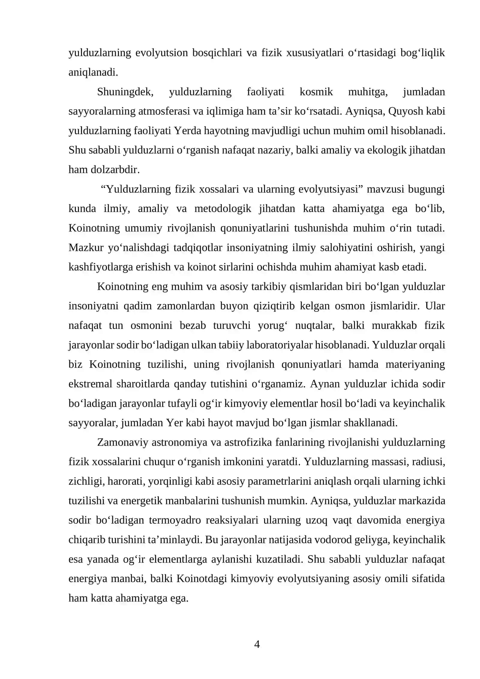 Yulduzlarning fizik xossalari va ularning evolyutsiyasi 4