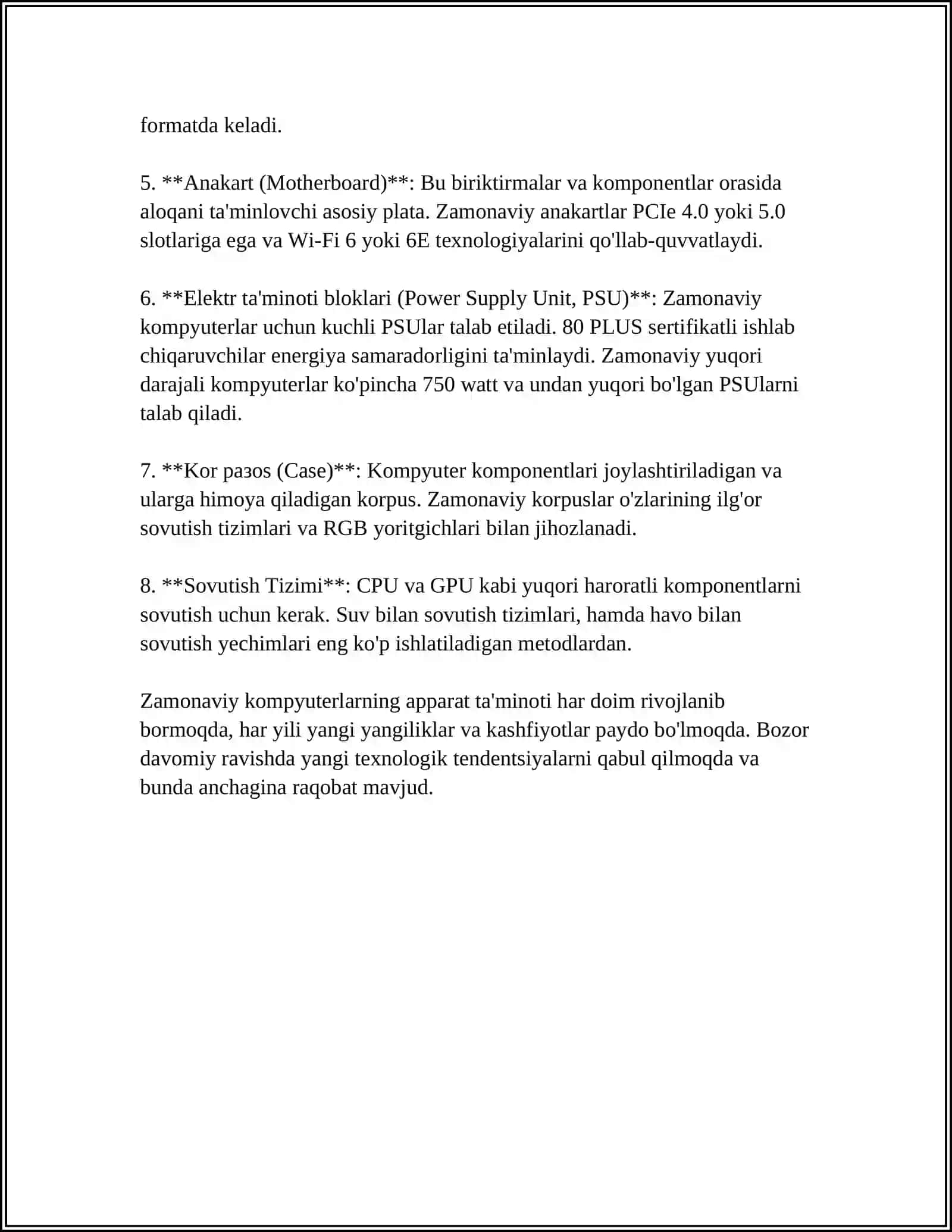 ZAMONAVIY KOMPYUTERLARNING KONFIGURATSIYASI VA ULARNING QO'LLANISH SOHALARI 4
