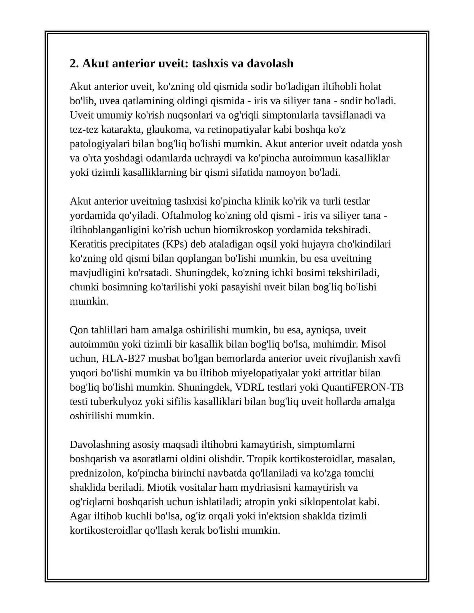 UVEIT. KATARAKTA. RETINOPATIYALAR. TO‘R PARDA O‘SMALARI. KO‘RUV NERV PATOLOGIYALARI 4