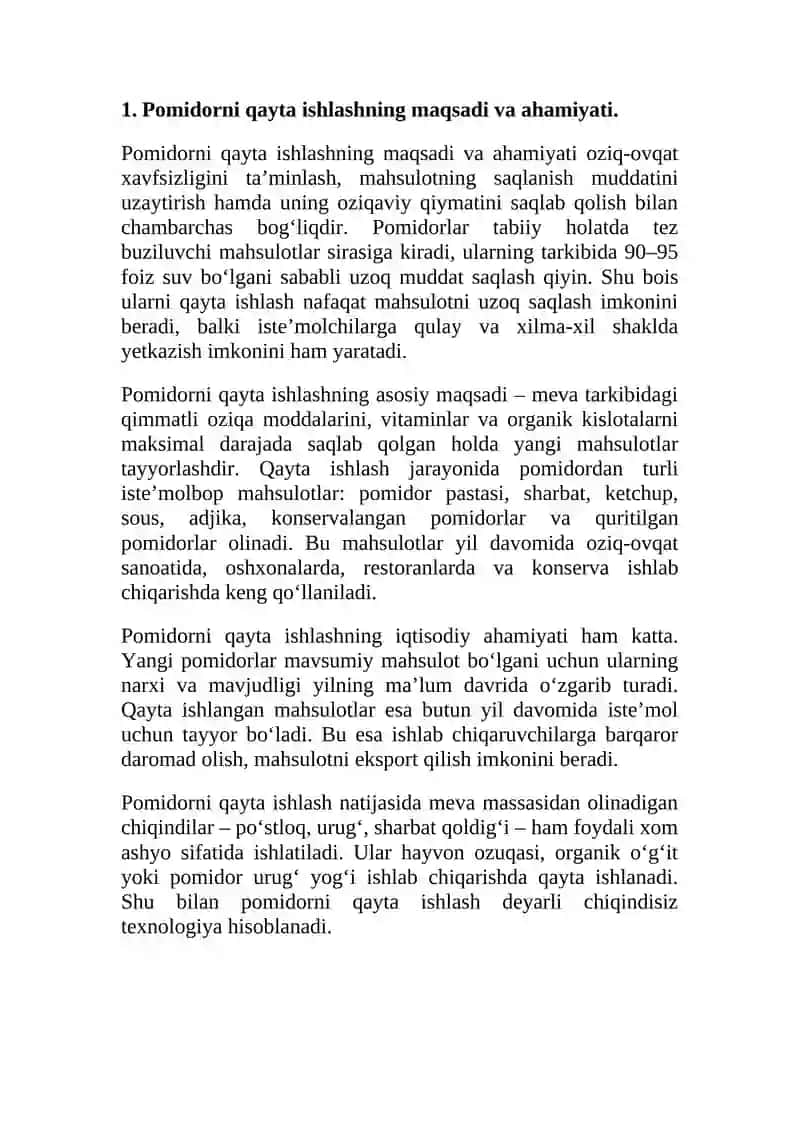 Pоmidоrni qayta ishlab оlinadigan mahsulоtlar turlari ularni rеtsеplari va  хоm ashyo sarfini o`rganish. 4