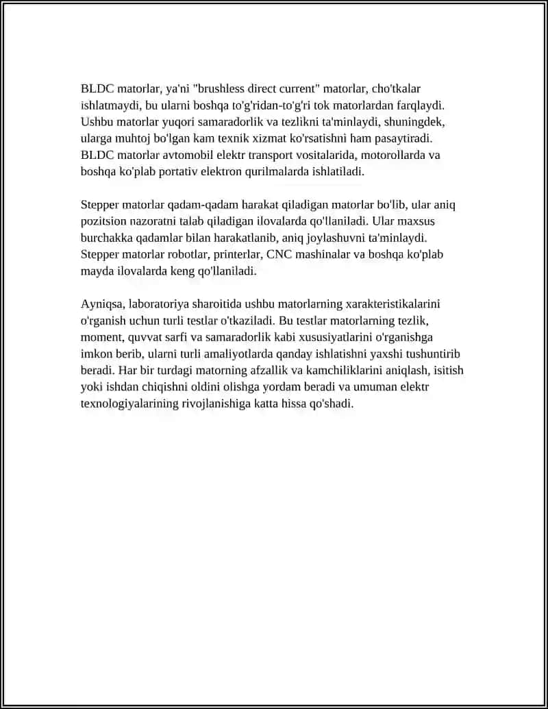 LABARATORIYADA MAVJUD MAXSUS MATORLARNI ISHGA TUSHIRISH VA XARAKTERISTIKALARINI OʻRGANISH 4