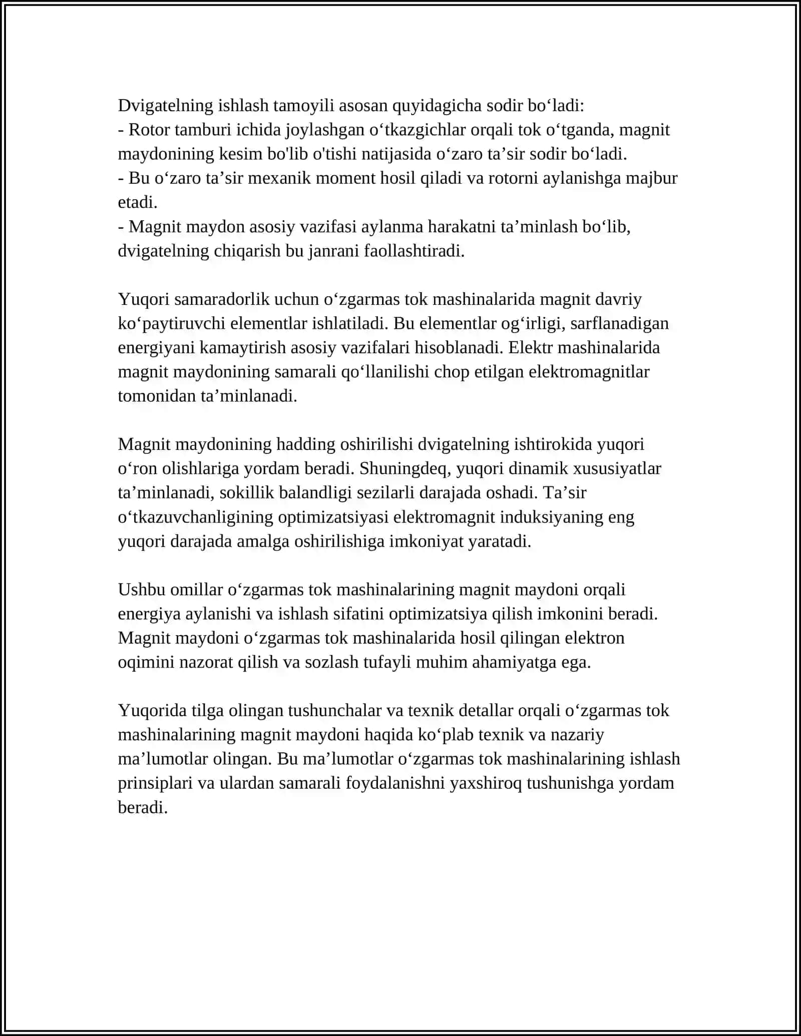 OʻZGARMAS TOK MASHINASINING MAGNIT MAYDONI VA YAKOR REAKSIYASI 4