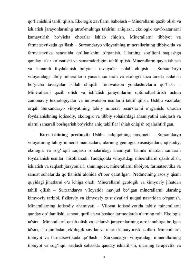 Surxandaryo viloyatining tabiiy mineral manbaalari, ularning iqtisodiy va ekologik ahamiyati kurs ishi 4