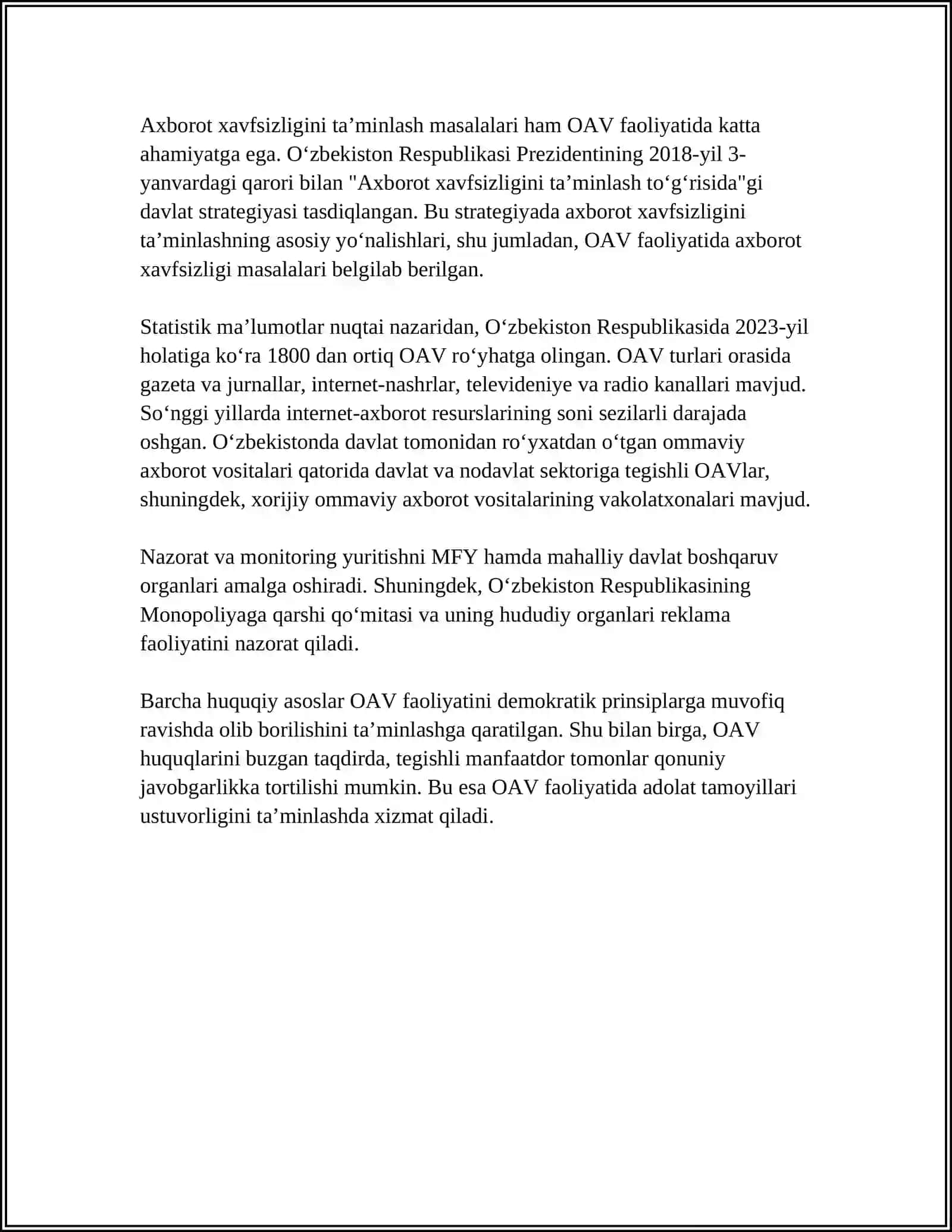 O‘ZBEKISTON RESPUBLIKASIDA OMMAVIY AXBOROT VOSITALARINING FAOLIYATI (O’ZGARISH VA MUAMMOLAR) 4