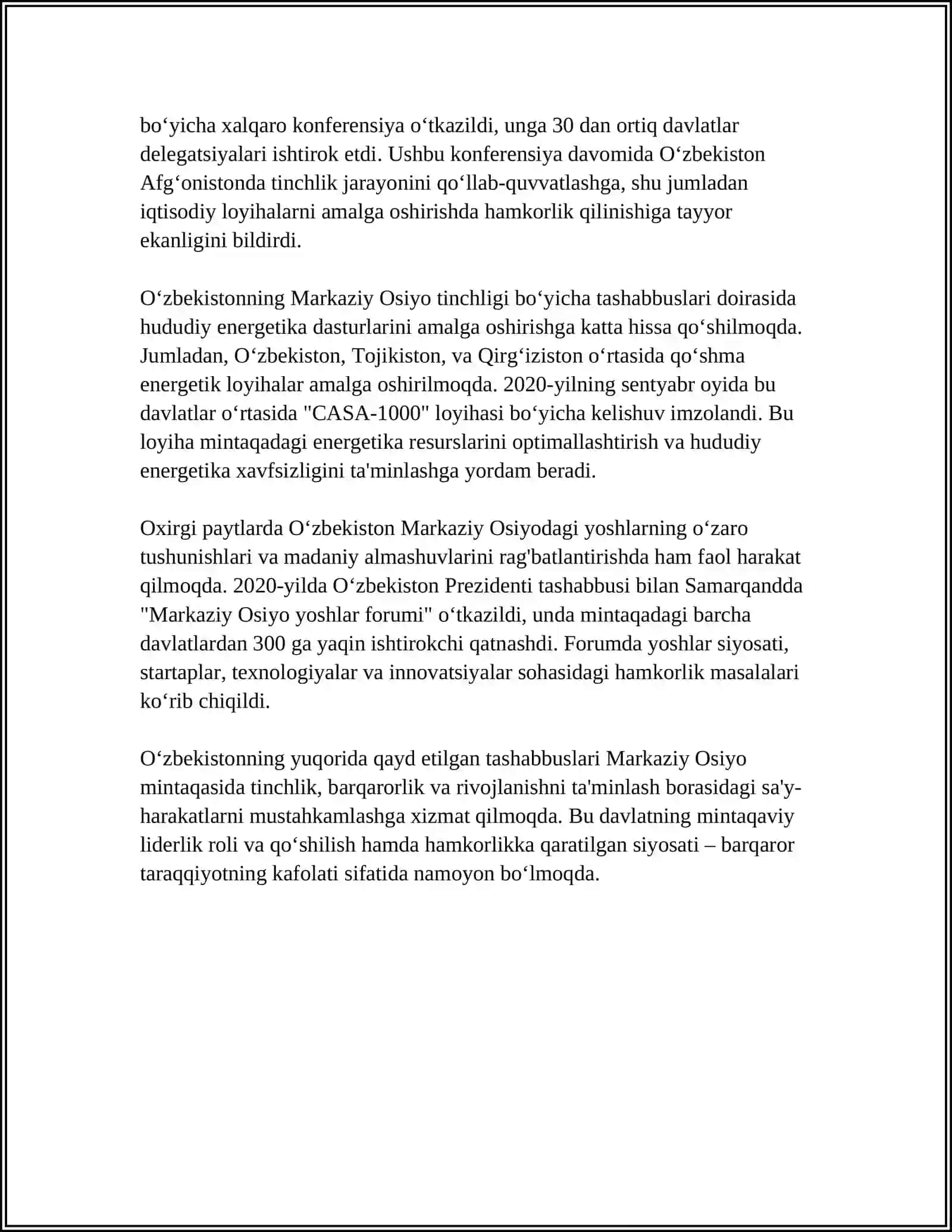 O‘zbekistonning Markaziy Osiyoda Tinchlik va Barqarorlikni Ta’minlashdagi Oʻrni 4