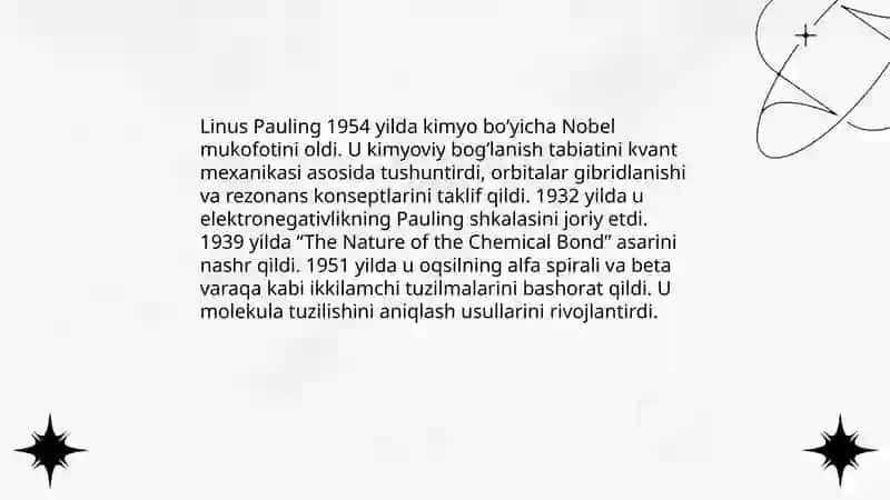 Kimyo sohasidagi Nobel mukofoti sovrindorlari va ularning ishlari 4