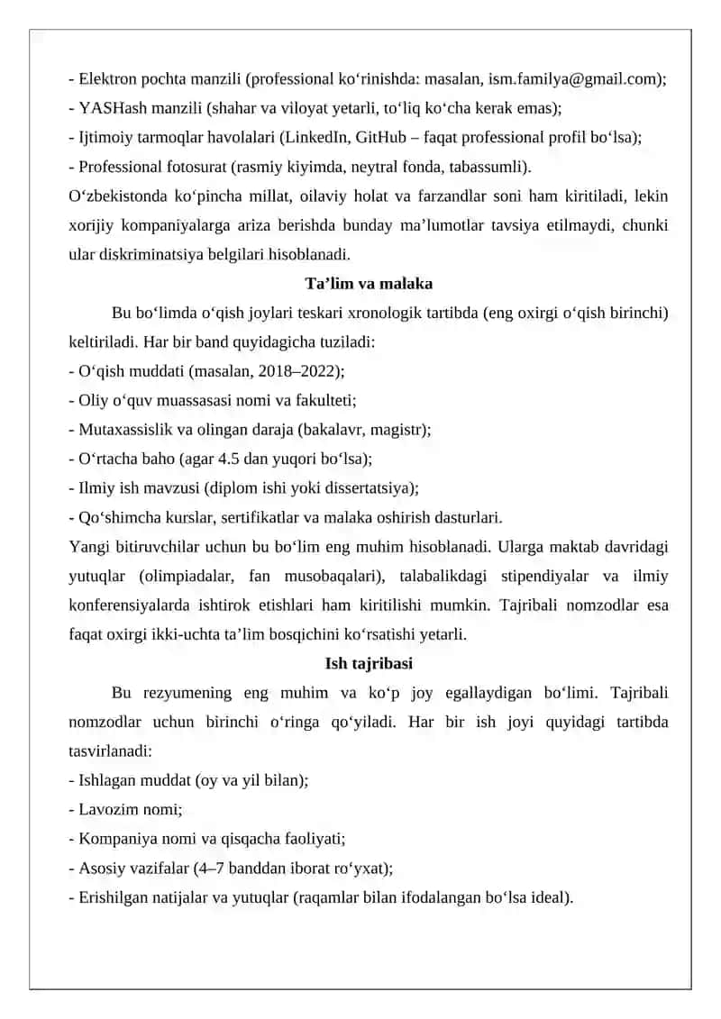 Rezyume, CV, ma’lumotnoma hujjatlari 4