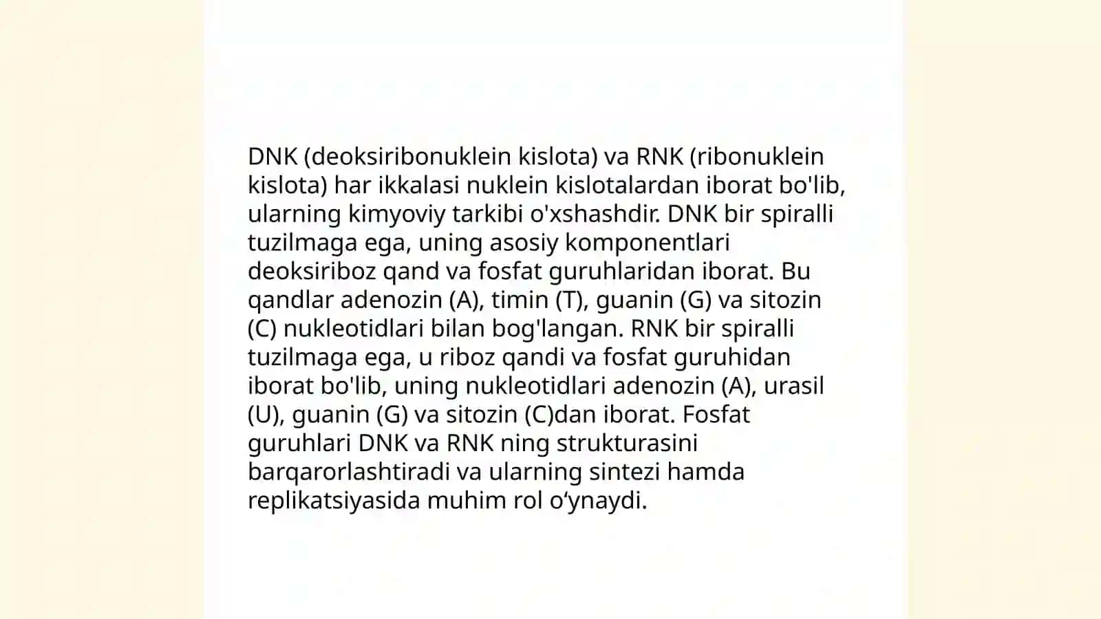 Tiriklikning molekulyar asoslar. Nuklein kislotalar va ularning irsiy belgilarni nasldan naslga oʻtishdagi roli 4