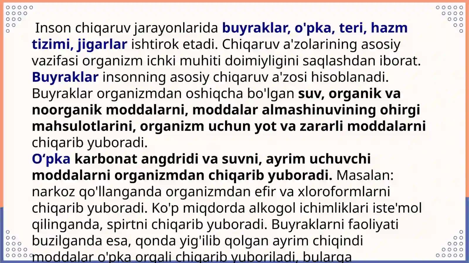 Ayiruv tizimining fiziologiyasi. Buyraklar funksiyalari. Organizmdagi ayiruv jarayonlaridagi xususiyatlari. Ayiruv azolarining gomeostazni taminlashdagi ishtiroki. Siydik hosil boʻlishi jarayonlari 4