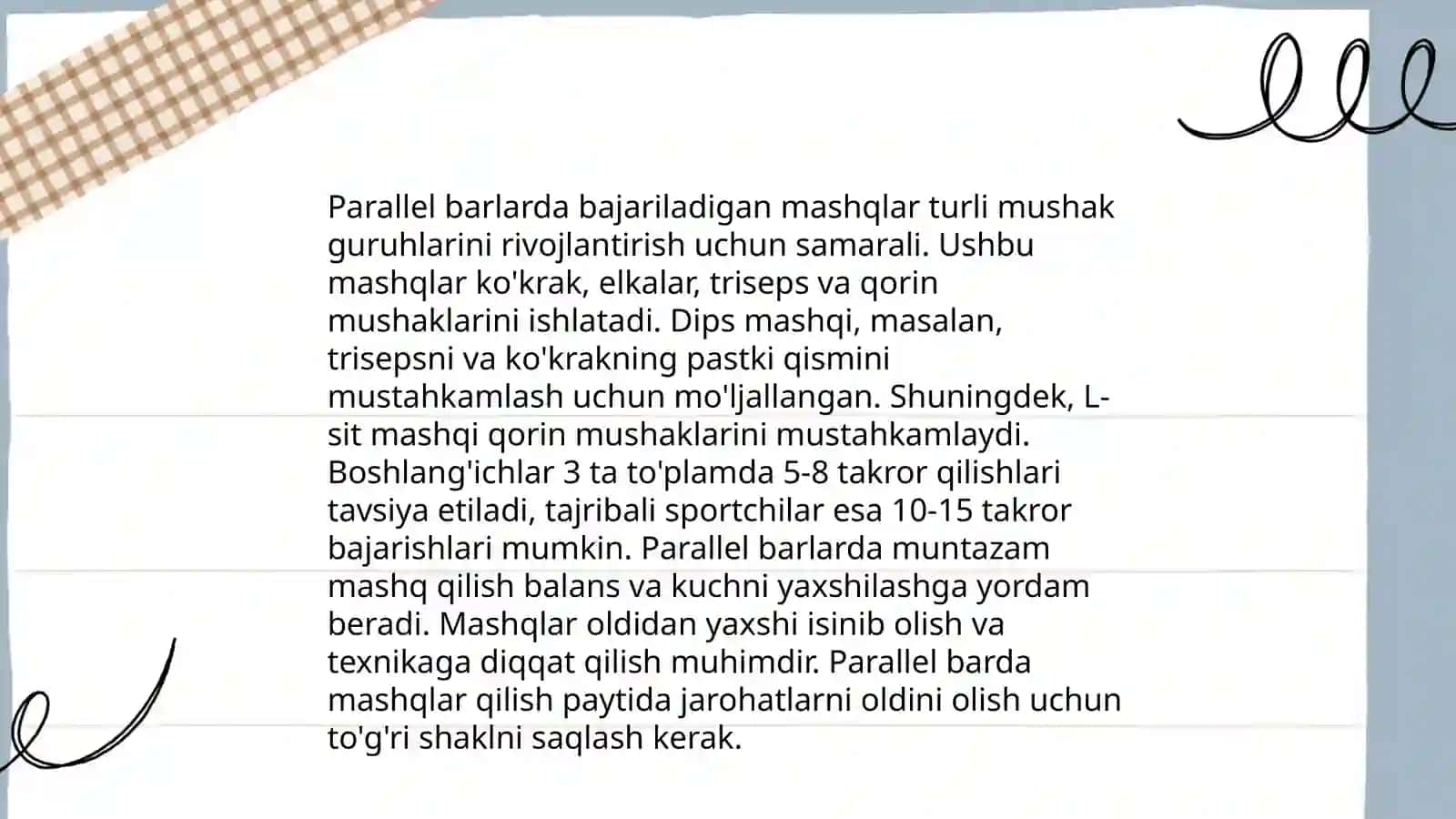Gimnastika jihozlari va ularda bajariladigan mashqlarga tarif va tavsif 4