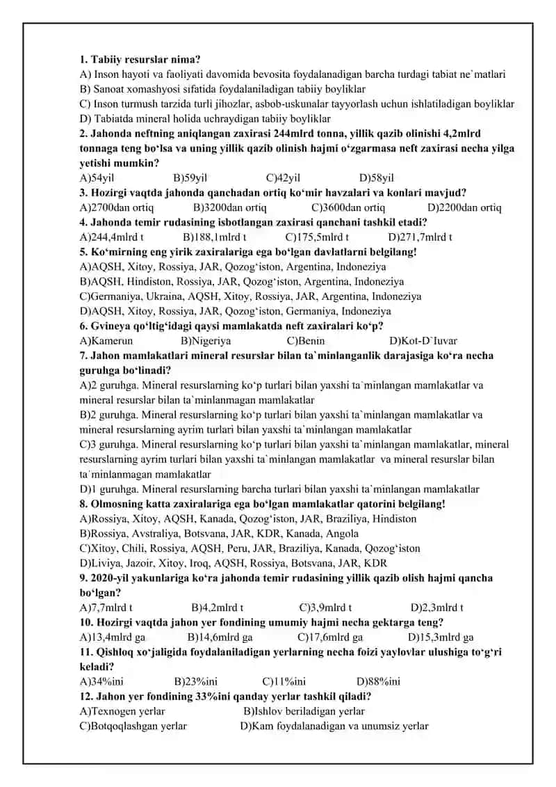 Geografiya fanidan 10-sinf nazorat ishi to`plami. 2-variant. 4