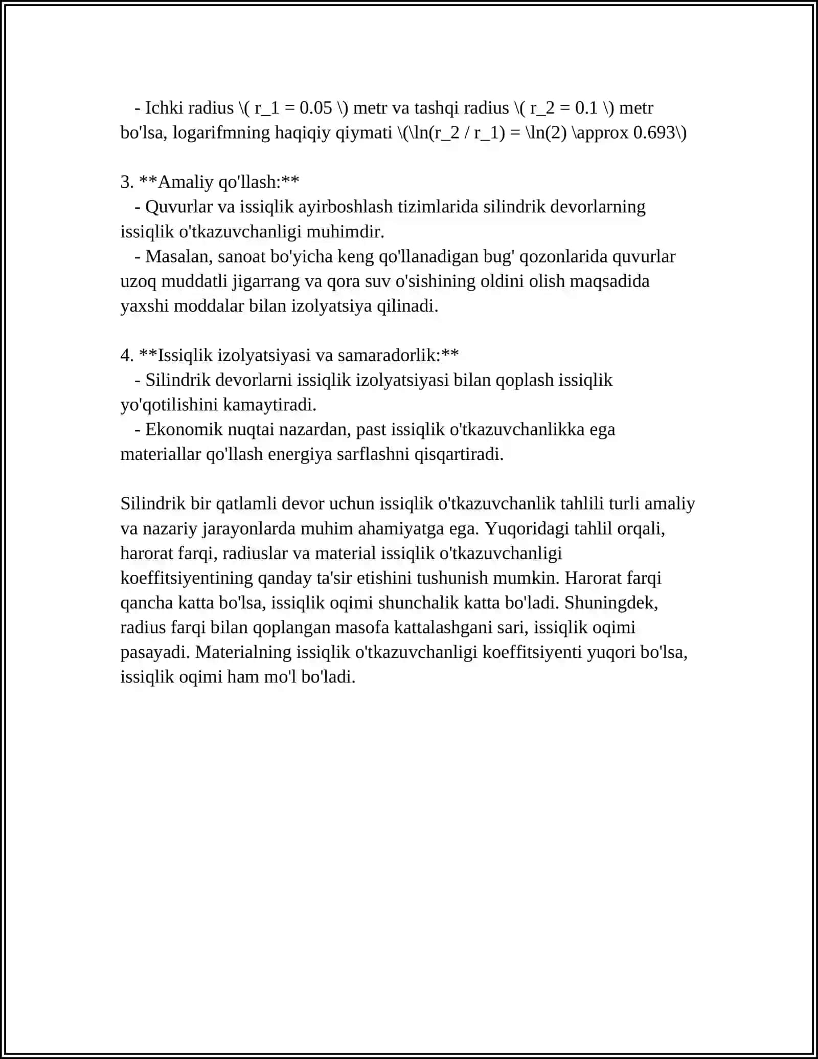 SILINDRIK BIR QATLAMLI VA KO’P QATLAMLI DEVOR UCHUN ISSIQLIK O’TKAZUVCHANLIKNI ANIQLASH 4