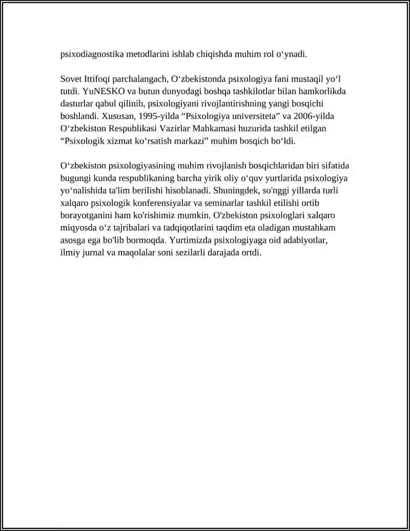 PSIXOLOGIYANING O'ZBEKISTONDA RIVOJLANISHI MAVSUSIDA MUSTAQIL ISH 4