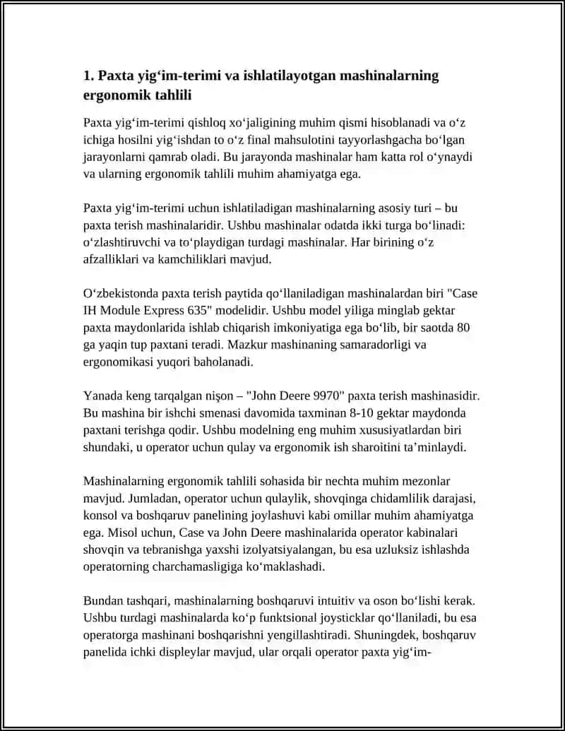 PAXTA SANOATIDAGI TEXNALOGIYALARNI ERGONOMIK NUQTAI NAZARIDAN BAHOLASH 4