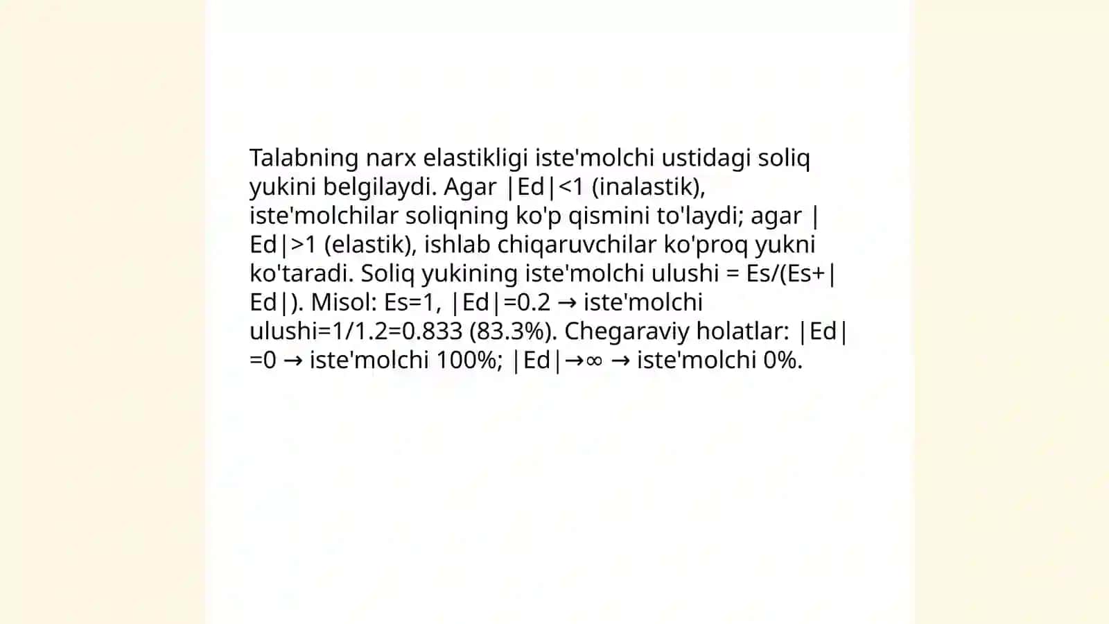 Elastiklik va soliq yukining iste'molchi va ishlab chiqaruvchi oʻrtasida taqsimlanishi 4