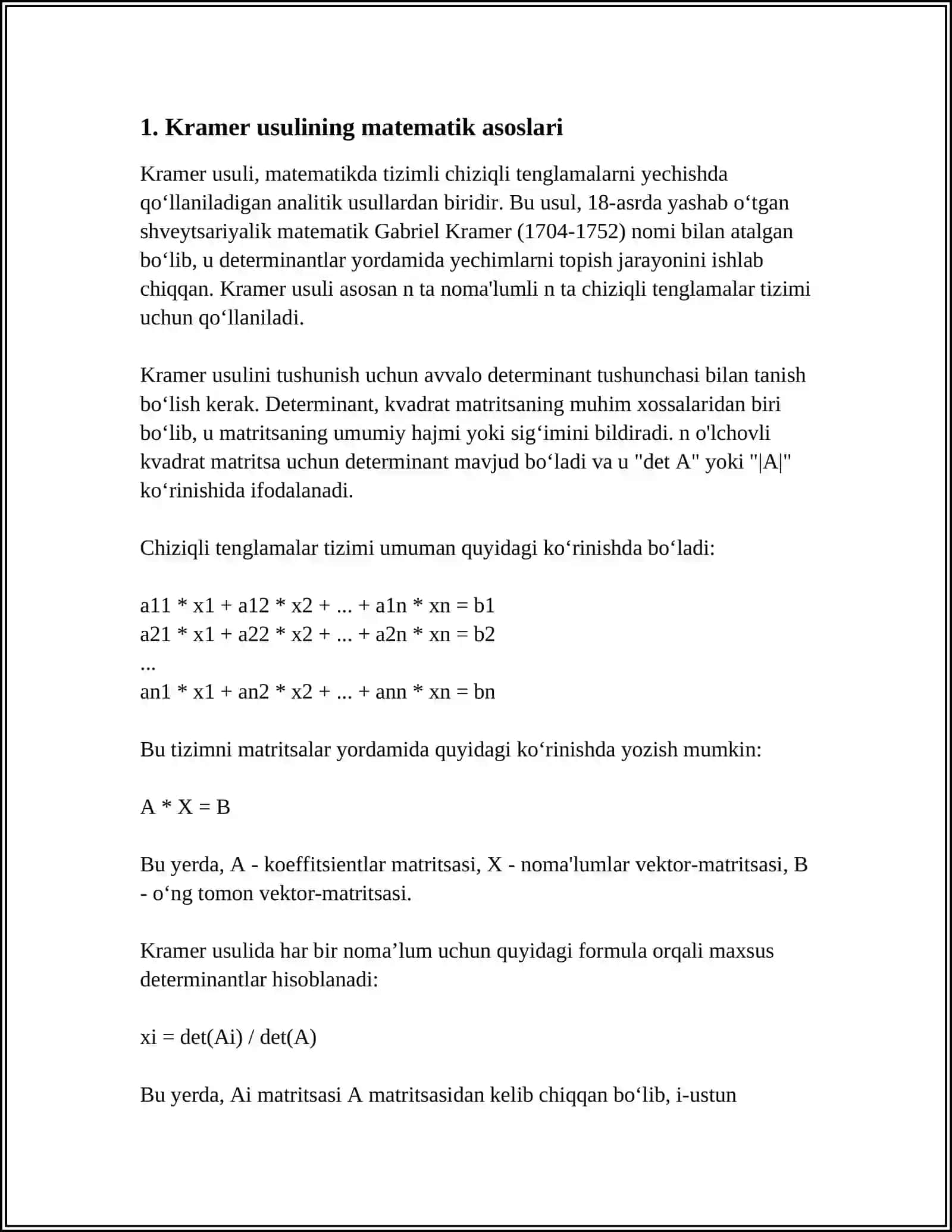 KRAMER VA GAUSS USULI BILAN SISTEMANI YECHISH USULI 4