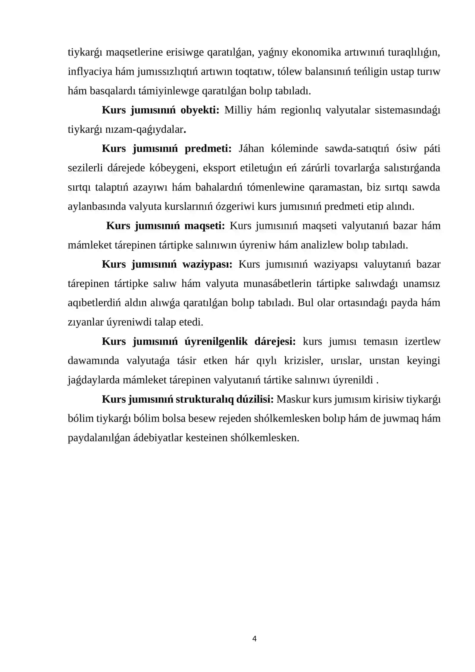 JÁHAN EKONOMIKASÍ HÁM XALQARALÍQ EKONOMIKALÍQ BAYLANÍSLAR PÁNINEN JAZǴAN KURS JUMÍSÍ 4
