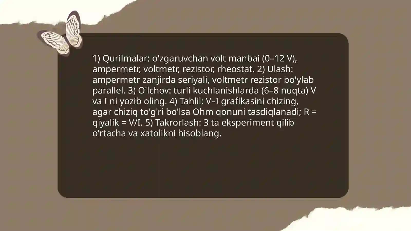 Ohm qonunini tekshirish va sodda elektrzanjiri parametrlarini aniqlash 4
