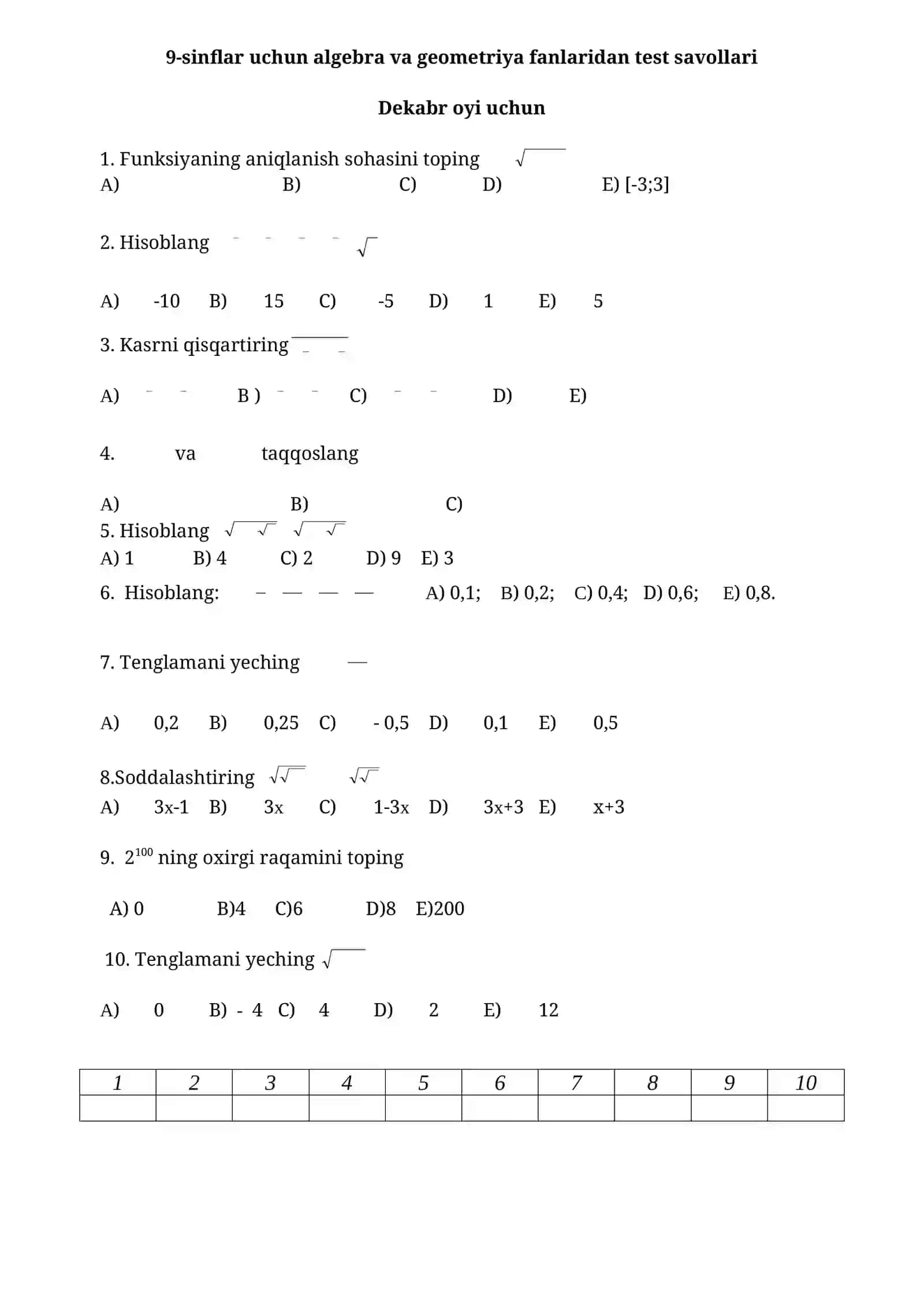 9-sinflar uchun algebra va geometriya fanlaridan test savollari 4