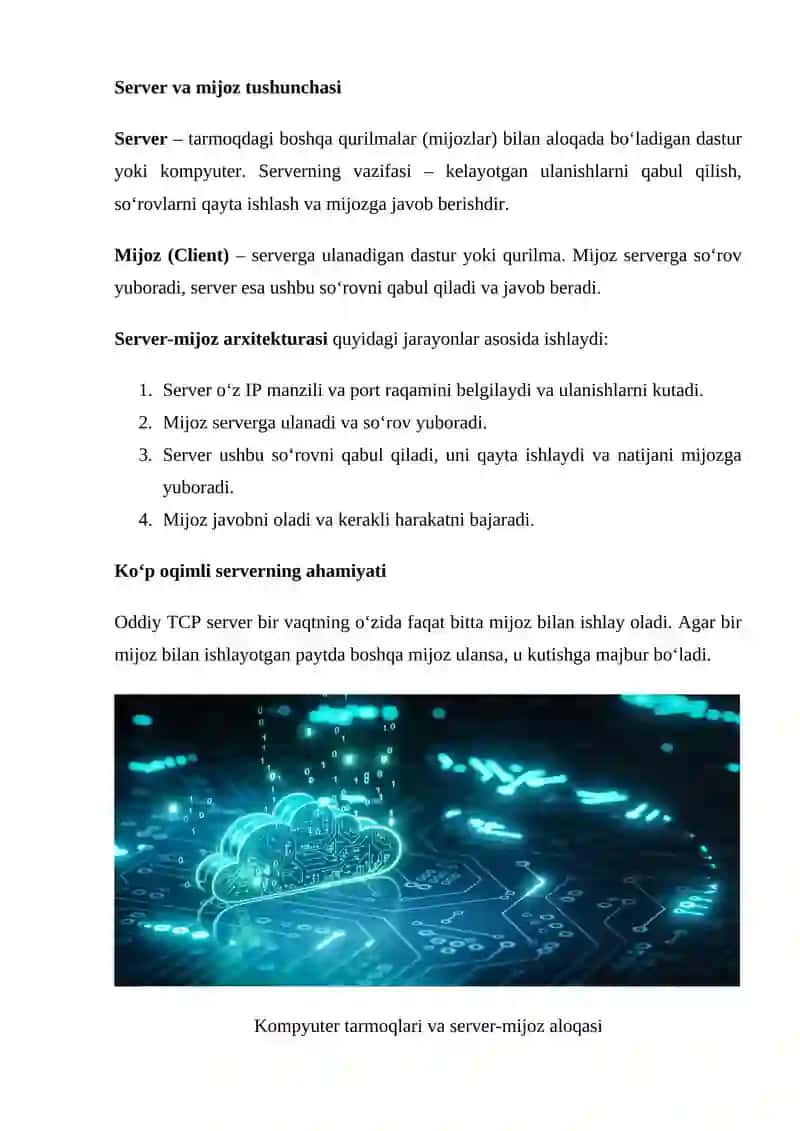 Bir nechta kliyentlarni qabul qiluvchi ko‘p oqimli TCP server yaratish. 4