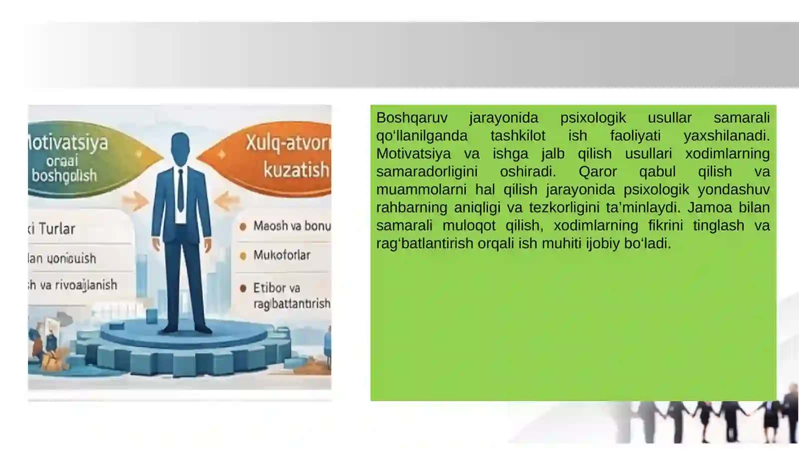 Rahbar shaxsiy psixologiyasi.Boshqarishningpsixologik usullari 4