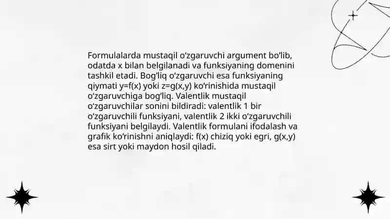 Funksiyalarni formulalar kòrinishda ifodalash Formulalarning valentligi 4