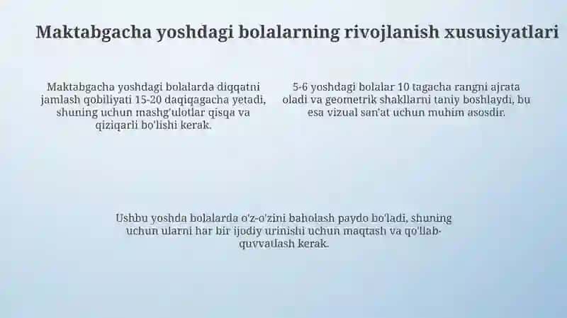 Tayyorlov yosh guruhida bolalarini tasviriy faoliyati orqali maktabga tayyorlash 4