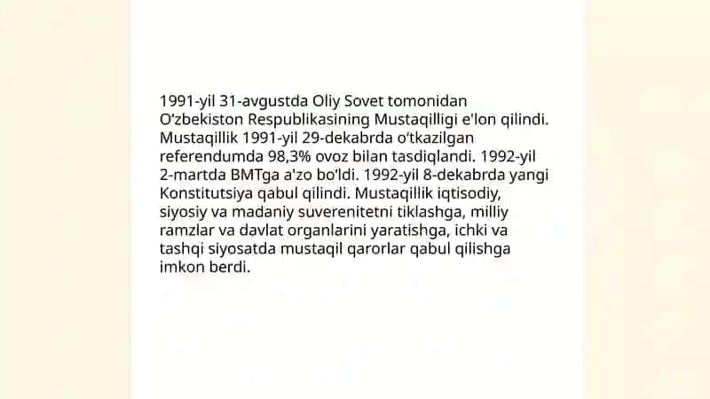Mustaqil O'zbekiston Respublikasi tashkil topishining tarixiy ahamuyati 4