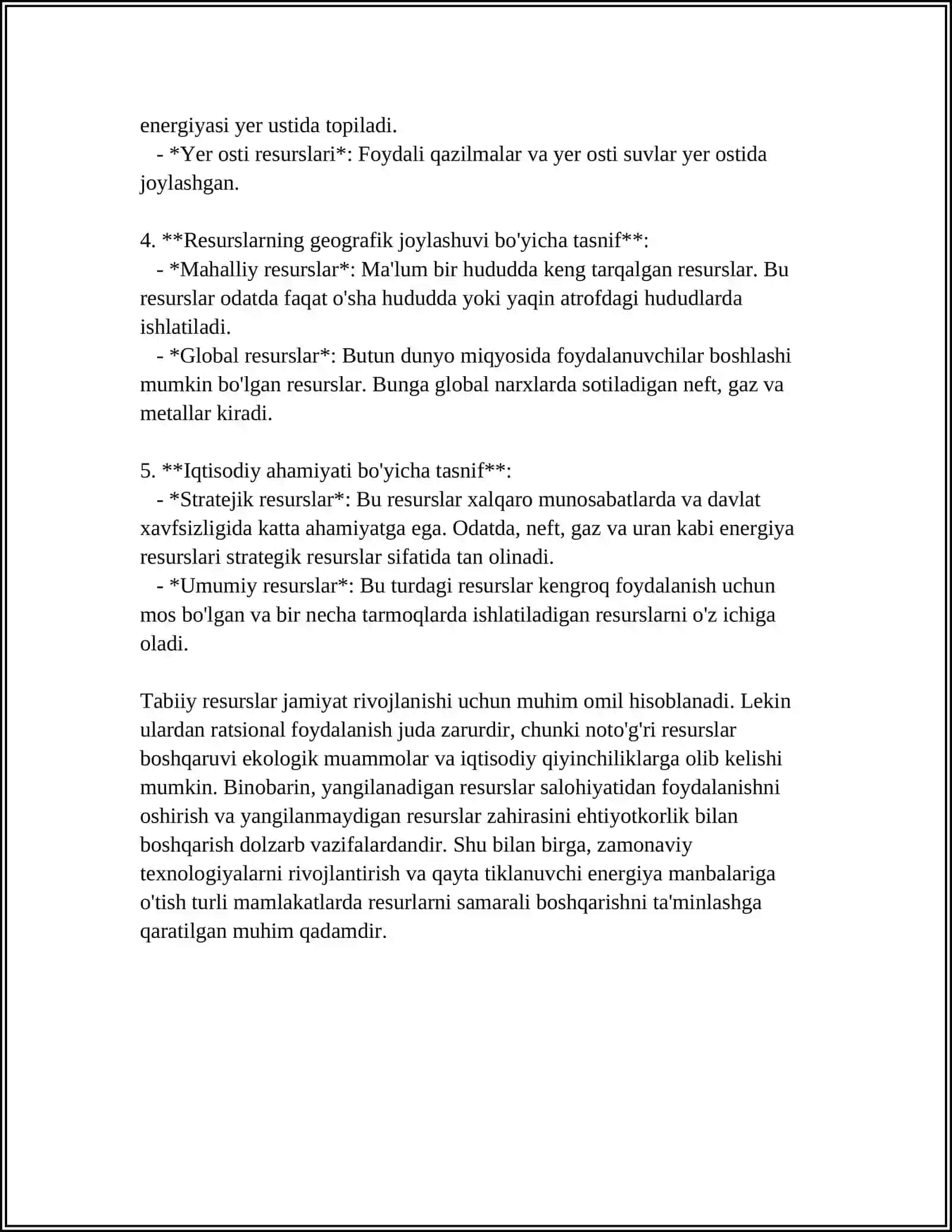 TABIIY RESURSLAR, ULARNI TEJASH MUOMAMMASI VA IQTISODIY SAMARADORLIGINI. SUV RESURSLARINI IFLOSLANISH MUOMMALARI 4