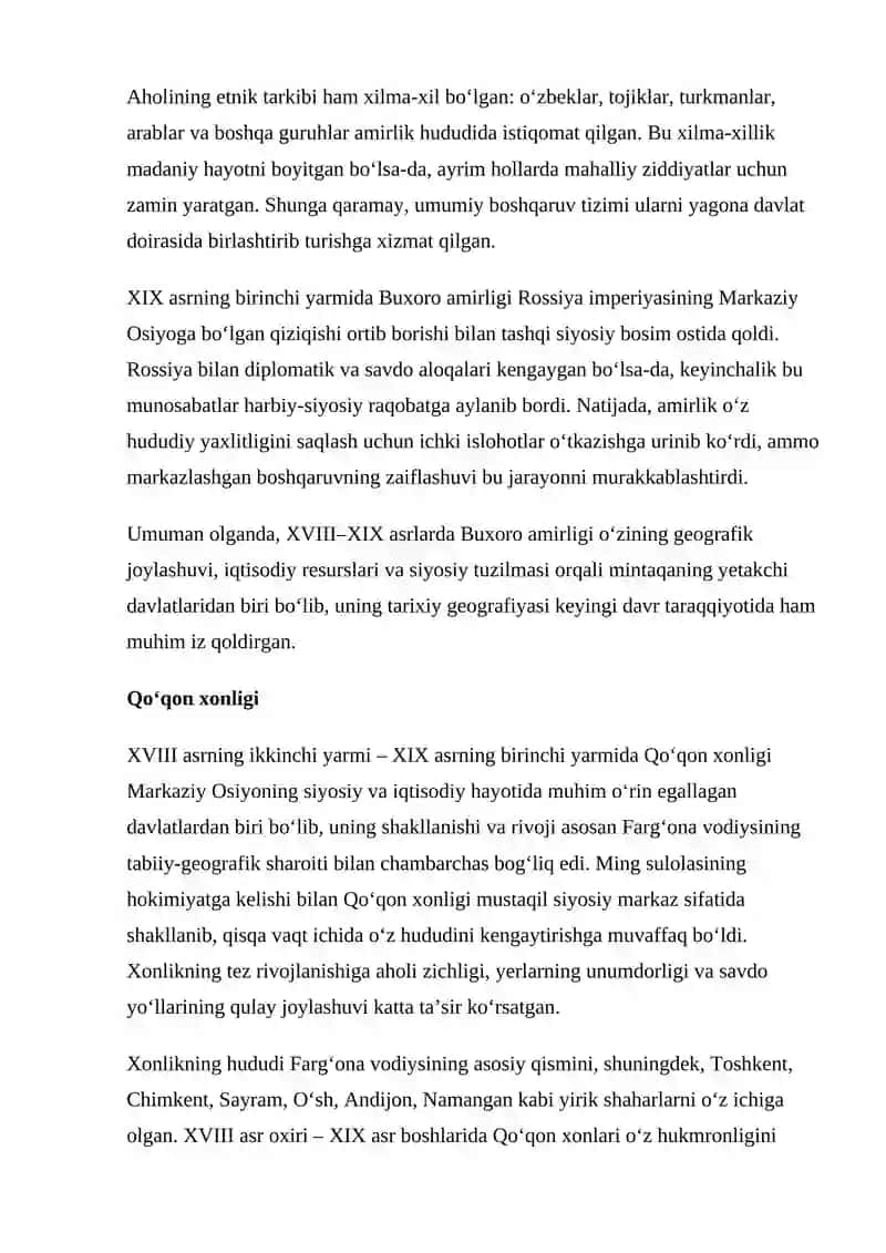 XVIII asrning ikkinchi yarmi-XIX asrning birinchi yarmida Buxoго amirligi, Qo'qon va Xiva xonliklari tarixiy geografiyasi. 4