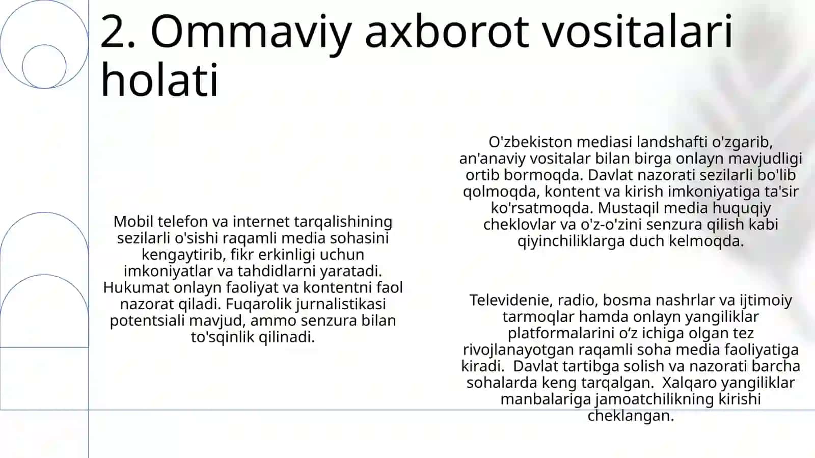O'zbekiston Respublikasida ommaviy axborot vositalarining faoloyati 4