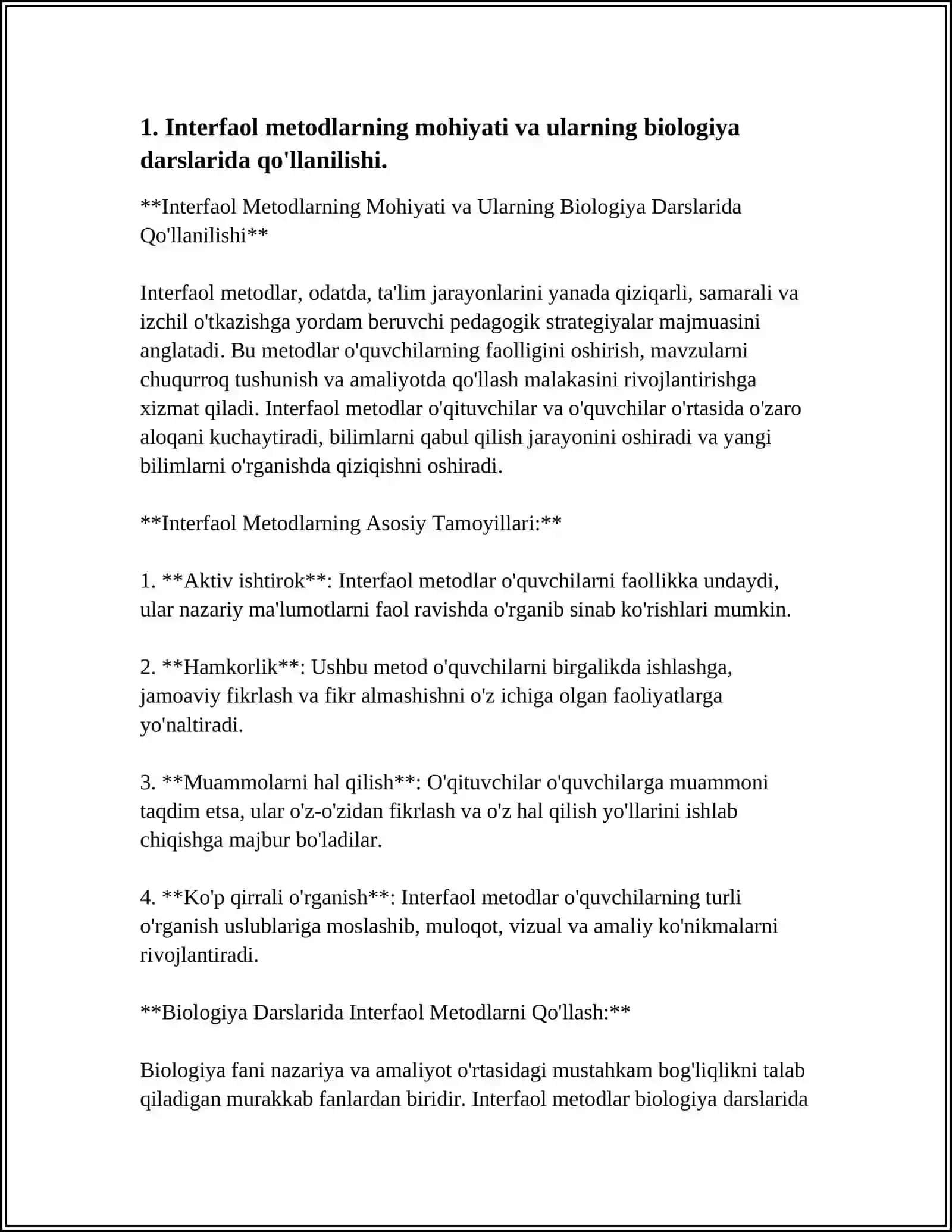 BIOLOGIYANI O'QITISHDA INTERFAOL METODLARDAN FOYDALANISHNING O'ZIGA XOS XUSUSIYATLARI 4