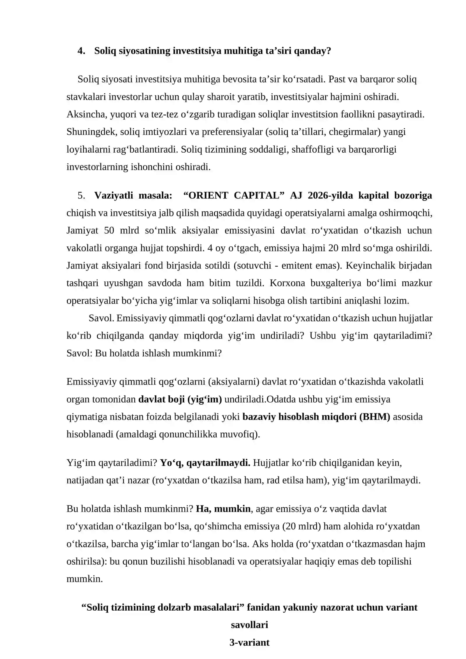 Soliq tizimining dolzarb masalalari fanidan oraliq va yakuniy javoblari. 4