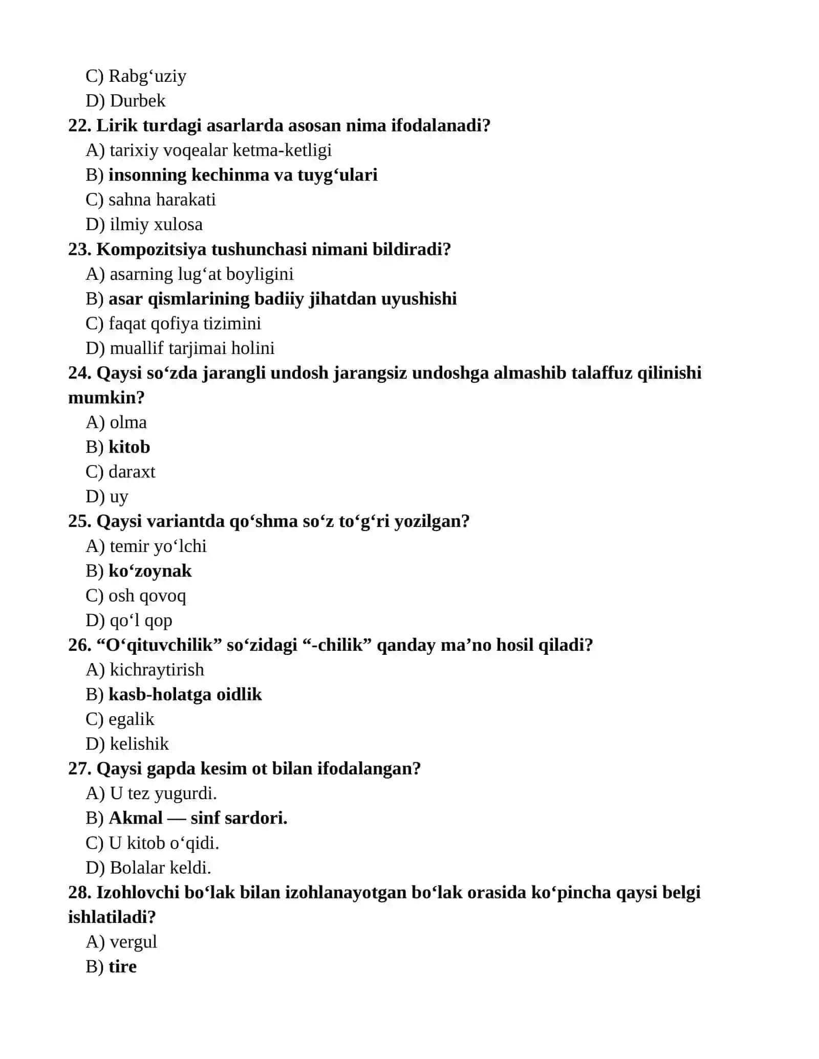 Ona tili va adabiyot fanidan 9-sinflarga 2025-2026-yil Olimpiada uchun 100 talik testlar banki (Javoblari bilan) 4