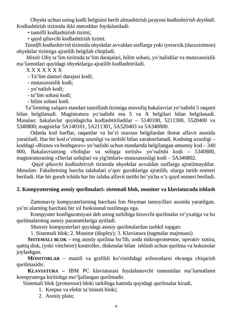Ovoz, grafik va matnli axborotlarni kodlash. Zamonaviy texnik va dasturiy vositalar sinfi bilan tanishtirish 4
