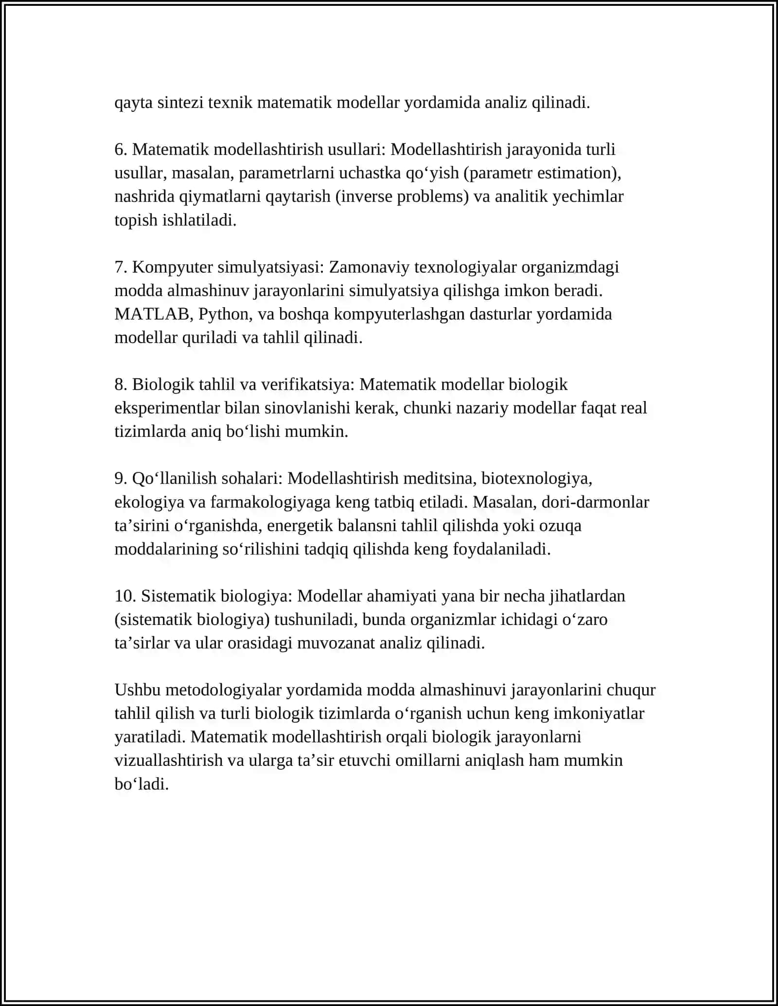 TIBBIY-BIOLOGIK MAZMUNDAGI DIFERENSIAL TENGLAMALARNINTUZISH VAYECHISH. TIBBIYOT,BIALOGIYA VA FARMASEVTIKANING AMALIY MASALALARINI OCHIB BERISH 4