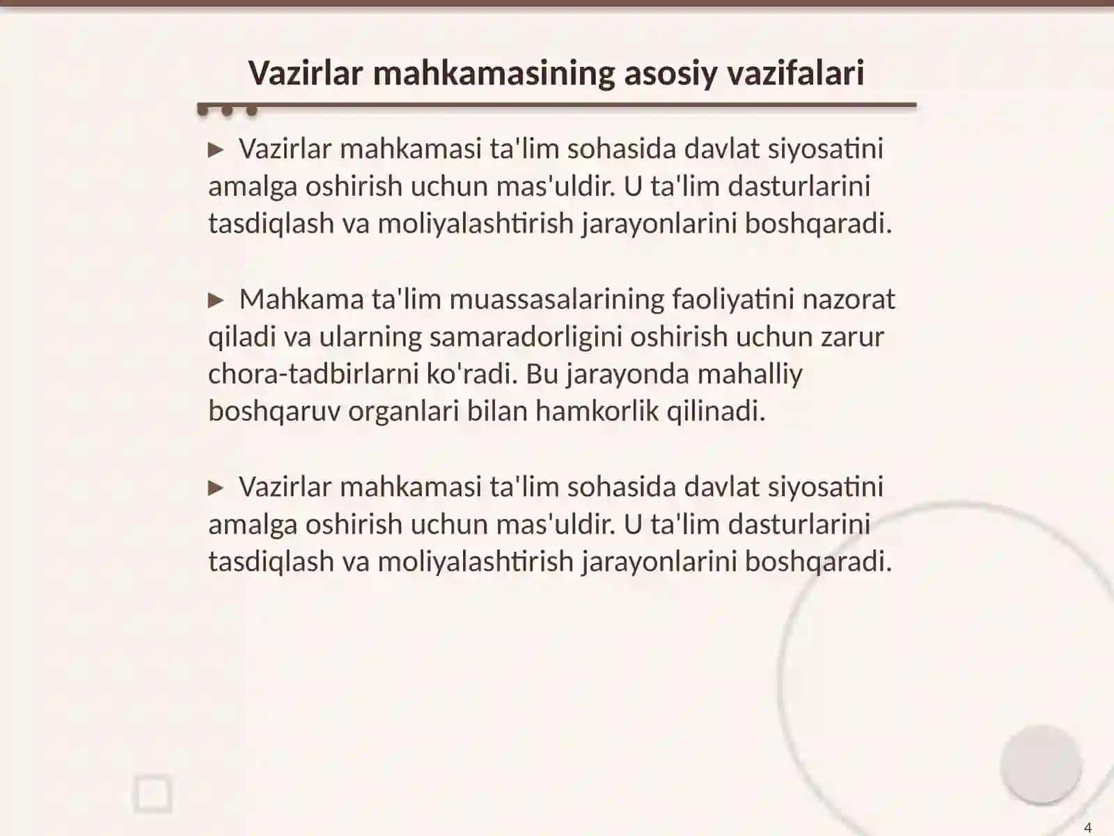Vazirlar mahkamasining talim sohasidagi vakolatlari 4
