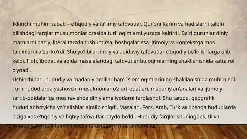 Islom oqimlari va yo‘nalishlarining paydo bo‘lish sabablari, bo‘linish sabablari va oqibatlari 4