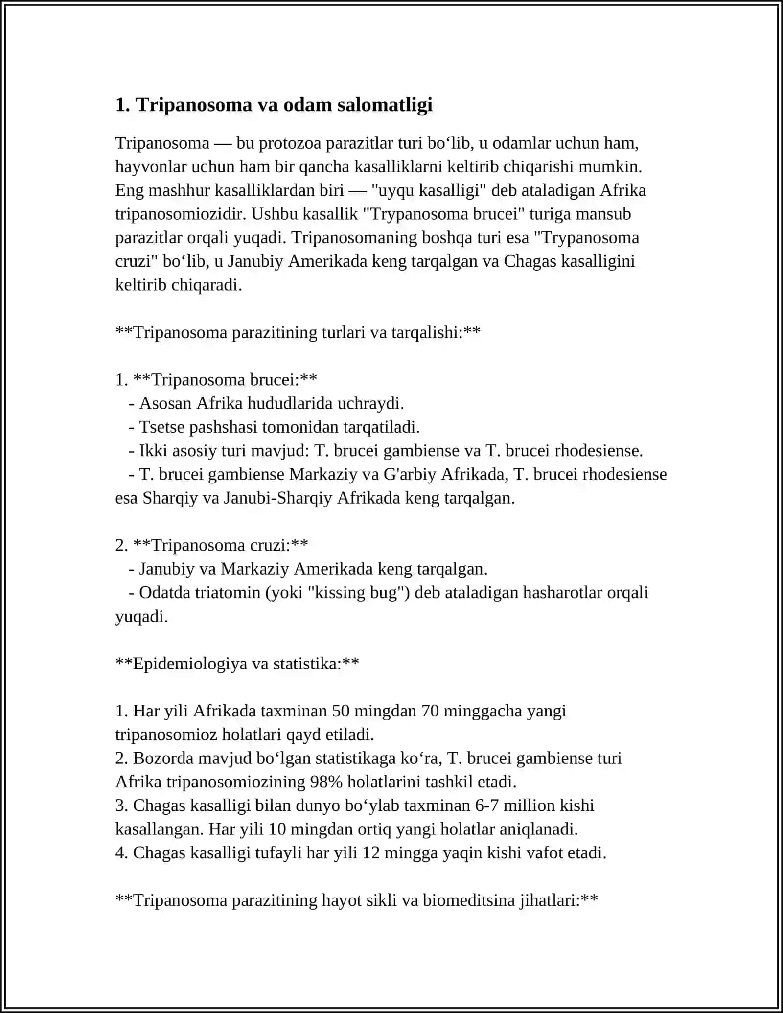 XIVCHINLILAR ODAM PARAZITLARI: TRIPANASOMA, LEYSHMANIYA, TRIXOMONADA VA YAMBLIYA 4