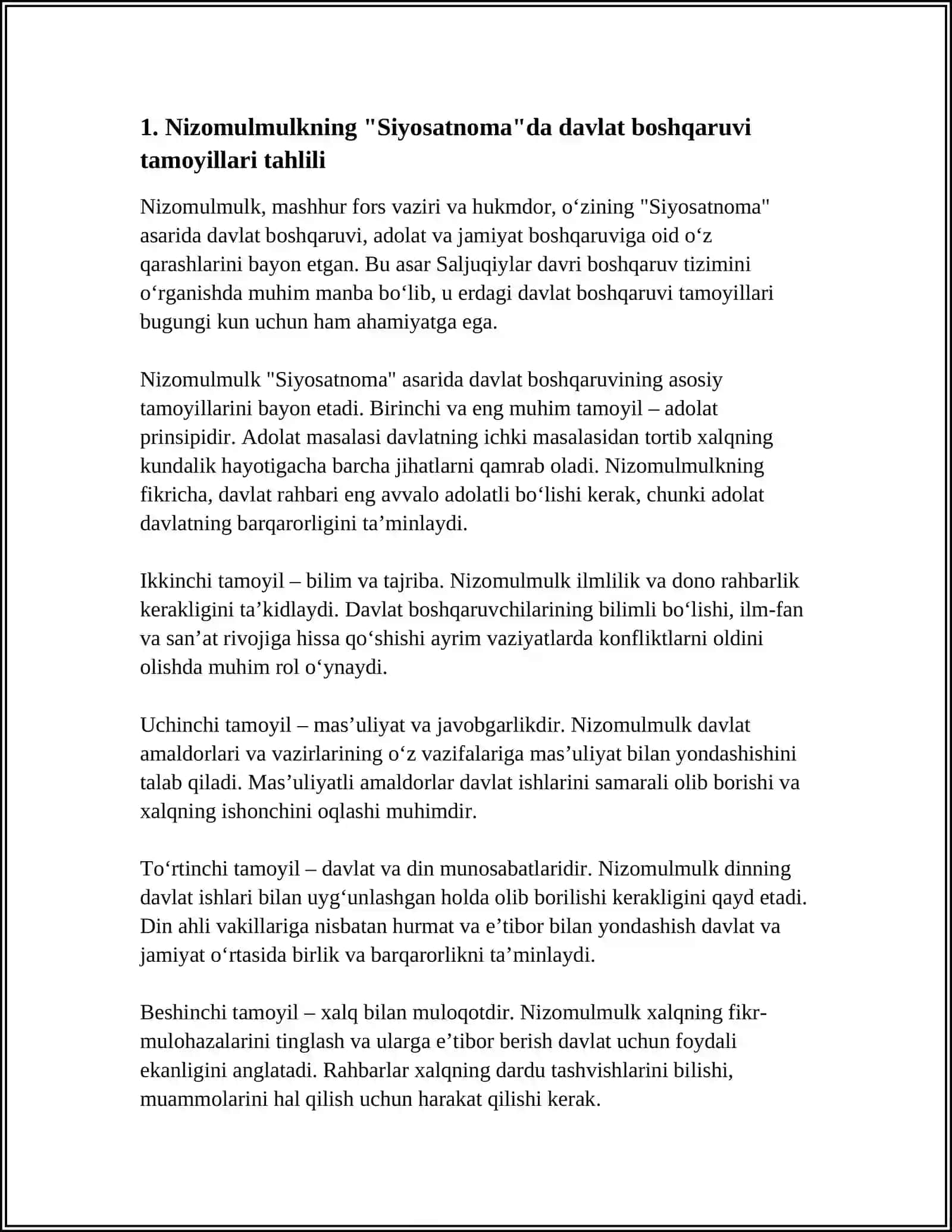 NIZOMULMULKNING "SIYOSATNOMA" ASARI BO'YICHA JAMIYAT BOSHQARUVIGA OID G'OYALARNI TAHLIL ETISH VA ESSE TAYYORLASH 4