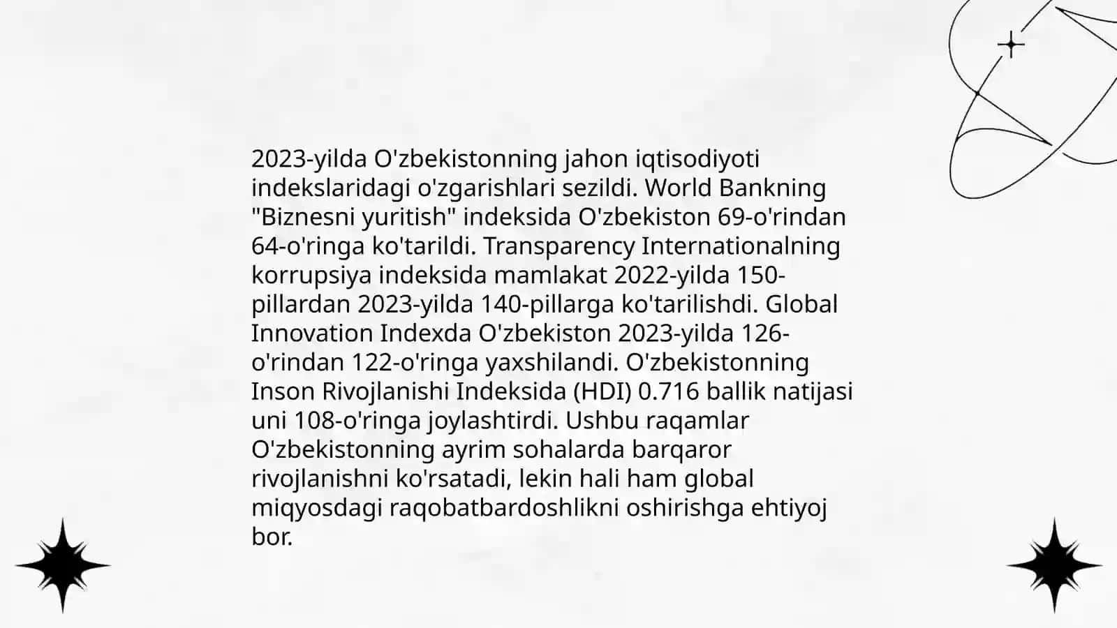 O'zbekiston va jahon hamjamiyati. Yangi O'zbekiston ijtimoiy-siyosiy, iqtisodiy va madaniy hayotida ro'y berayotgan o'zgarishlarning xalqaro reyting va indekslarida aks etishi 4