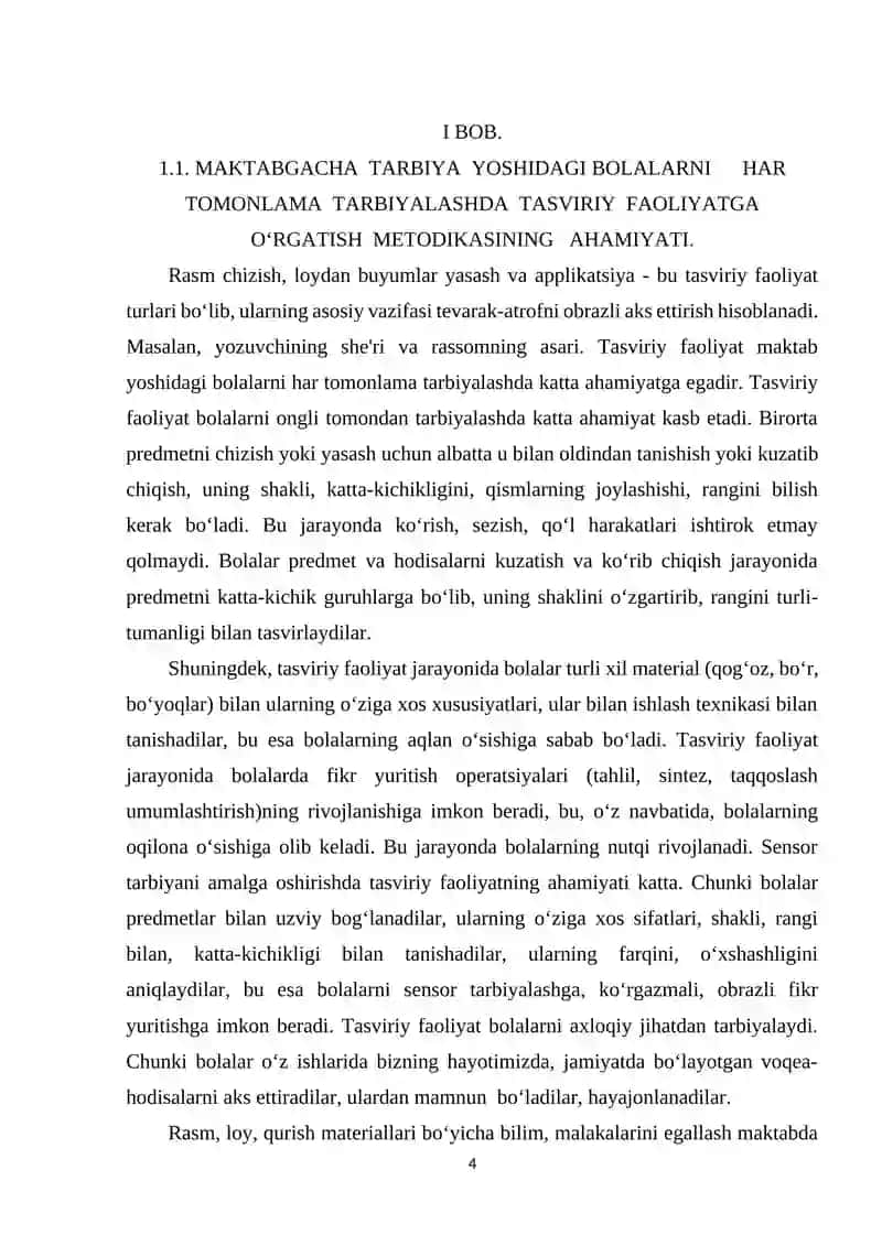Maktabgacha  tarbiya  yoshidagi bolalarni  har tomonlama  tarbiyalashda  tasviriy  faoliyatga  o‘rgatish  metodikasining ahamiyati 4