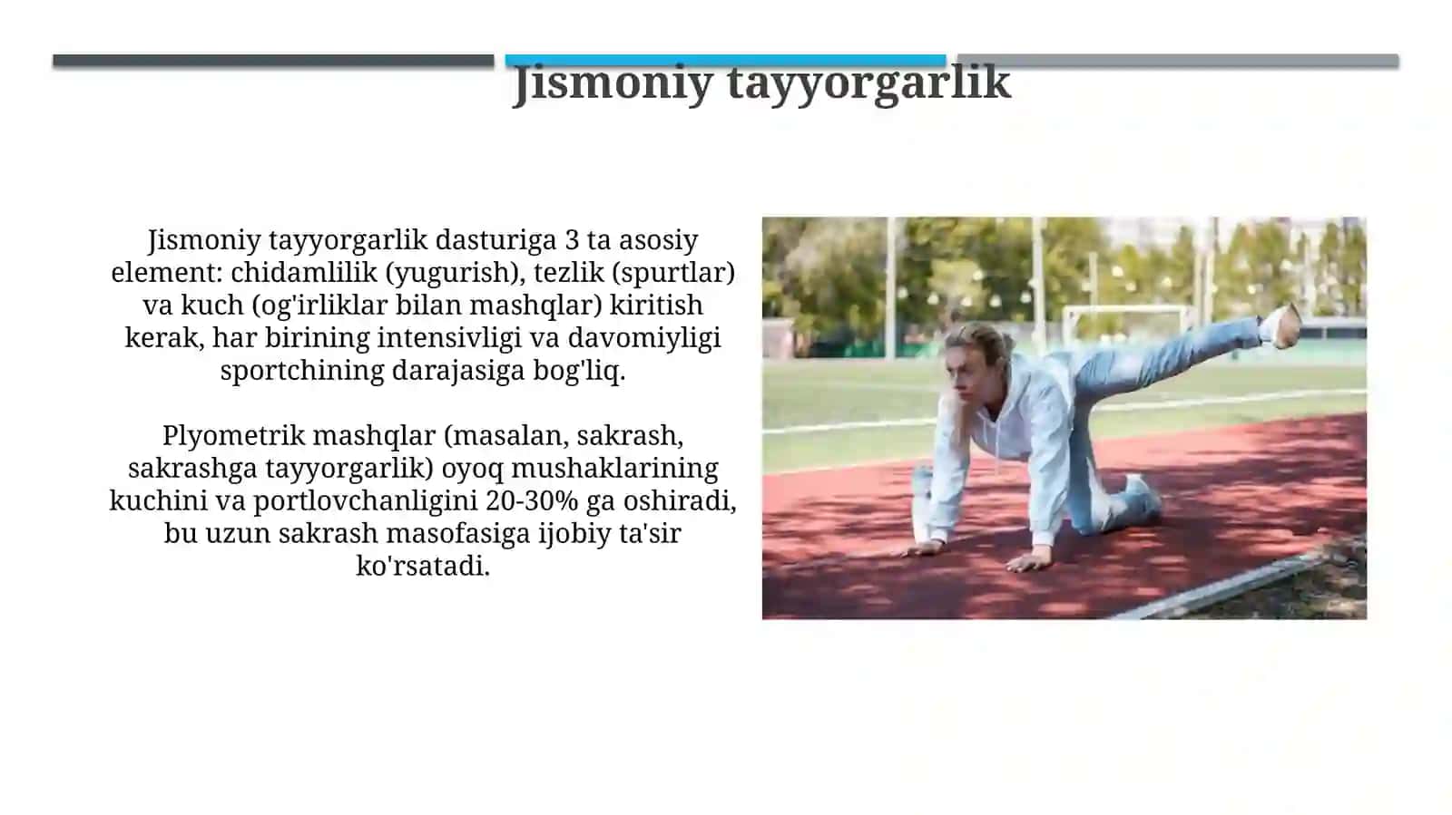 Yengil atletika: yugurib kelib uzunlikka sakrash texnikasini o'rgatish 4