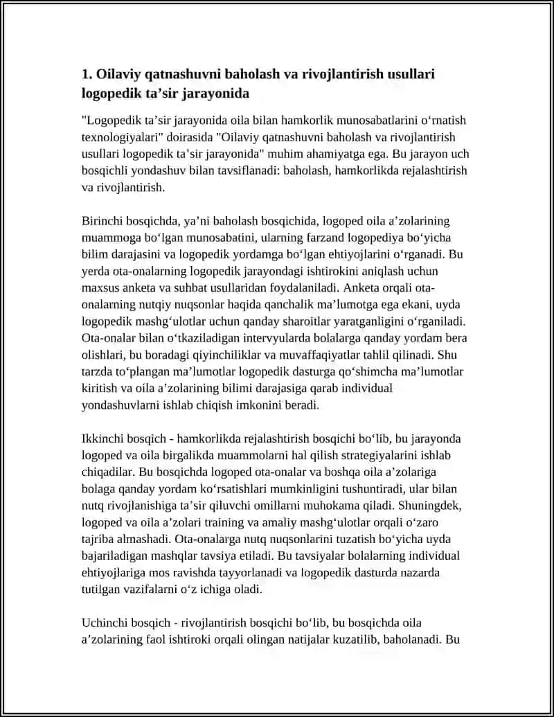 LOGOPEDIK TA’SIR JARAYONIDA OILA BILAN HAMKORLIK MUNOSABATLARINI О‘RNATISH TEXNOLOGIYALARI 4