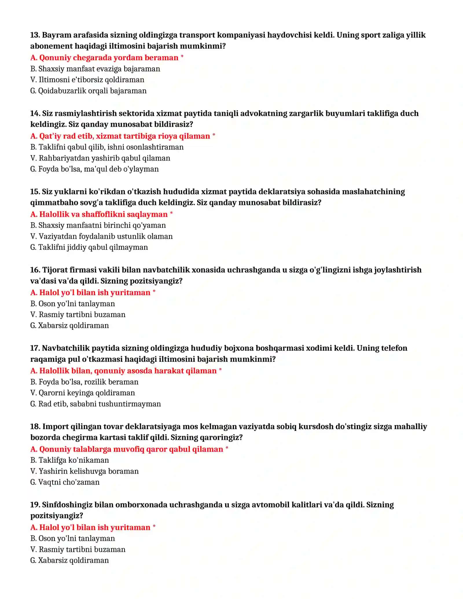 BOJXONA AKADEMIYASI - TO'LIQ TEST TO'PLAMI (№55) 4