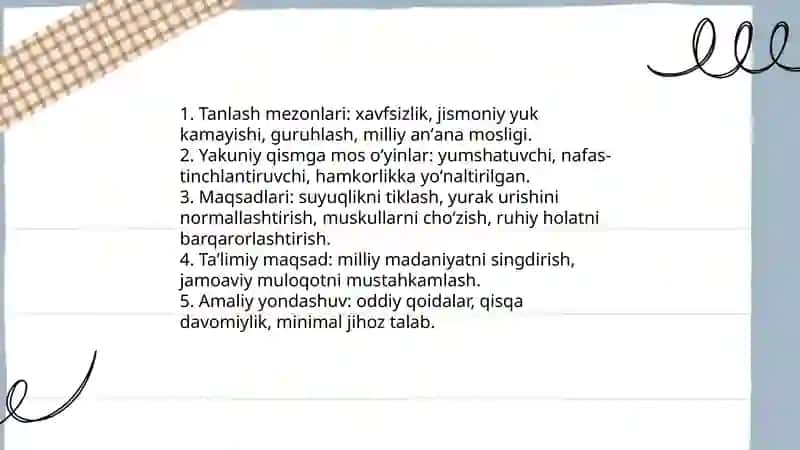 Milliy harakatli oʻyinlarini jismoniy tarbiya darsining tayyorlov va yakuniy qismiga mos holda tanlash va tahlil qilish 4