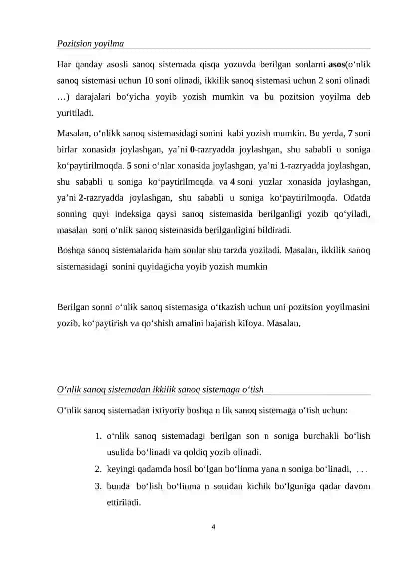Ikkilik sanoq tizimidan sakkizlik, o'nlik va o'n oltilik sanoq tizimilariga o'tish 4