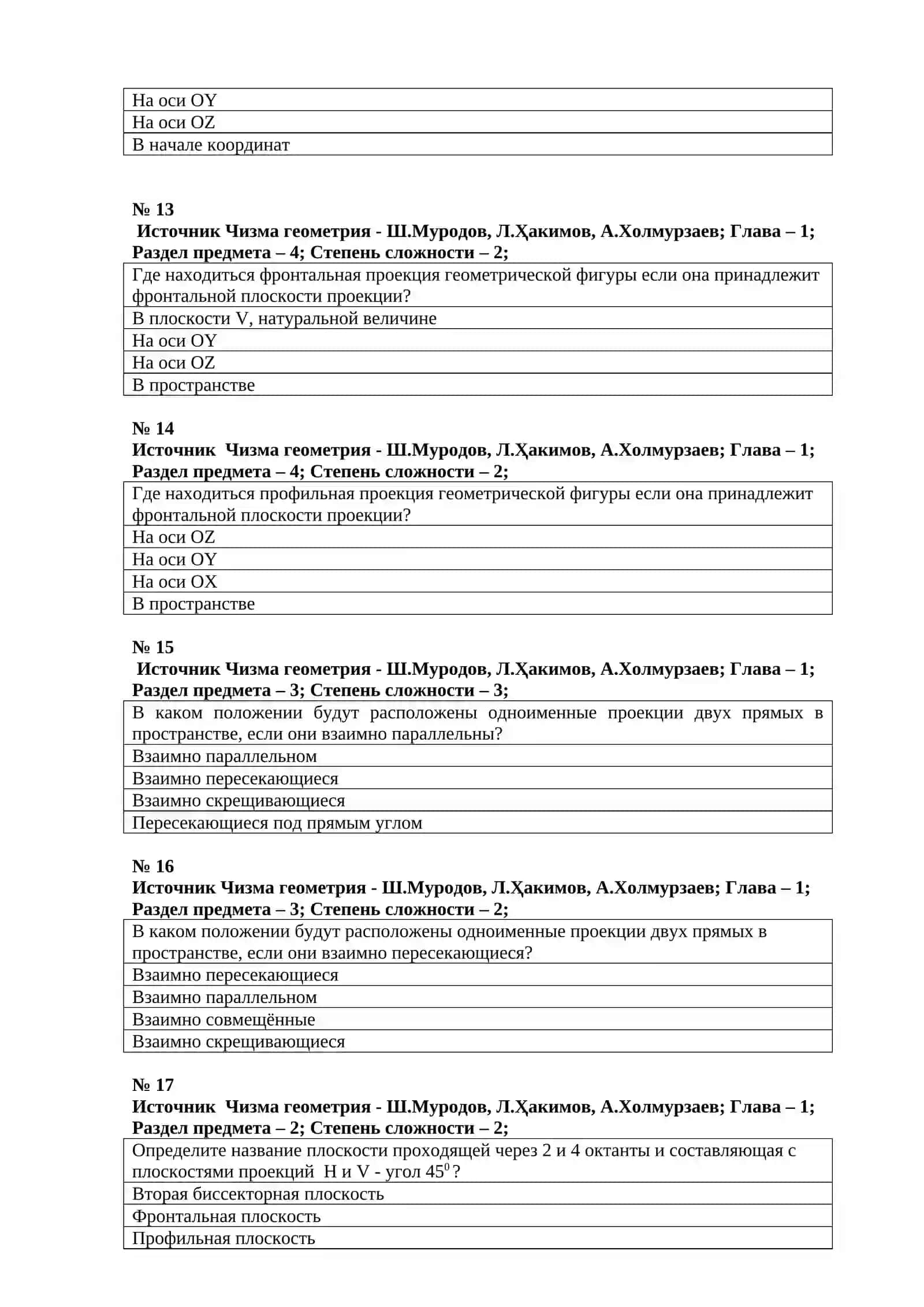 Тестовые вопросы по дисциплине «Начертательной геометрии» 4