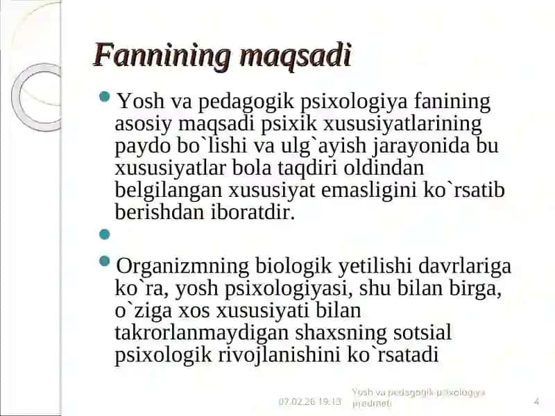 Yosh va pedagogik psixologiyafaning predmeti 4