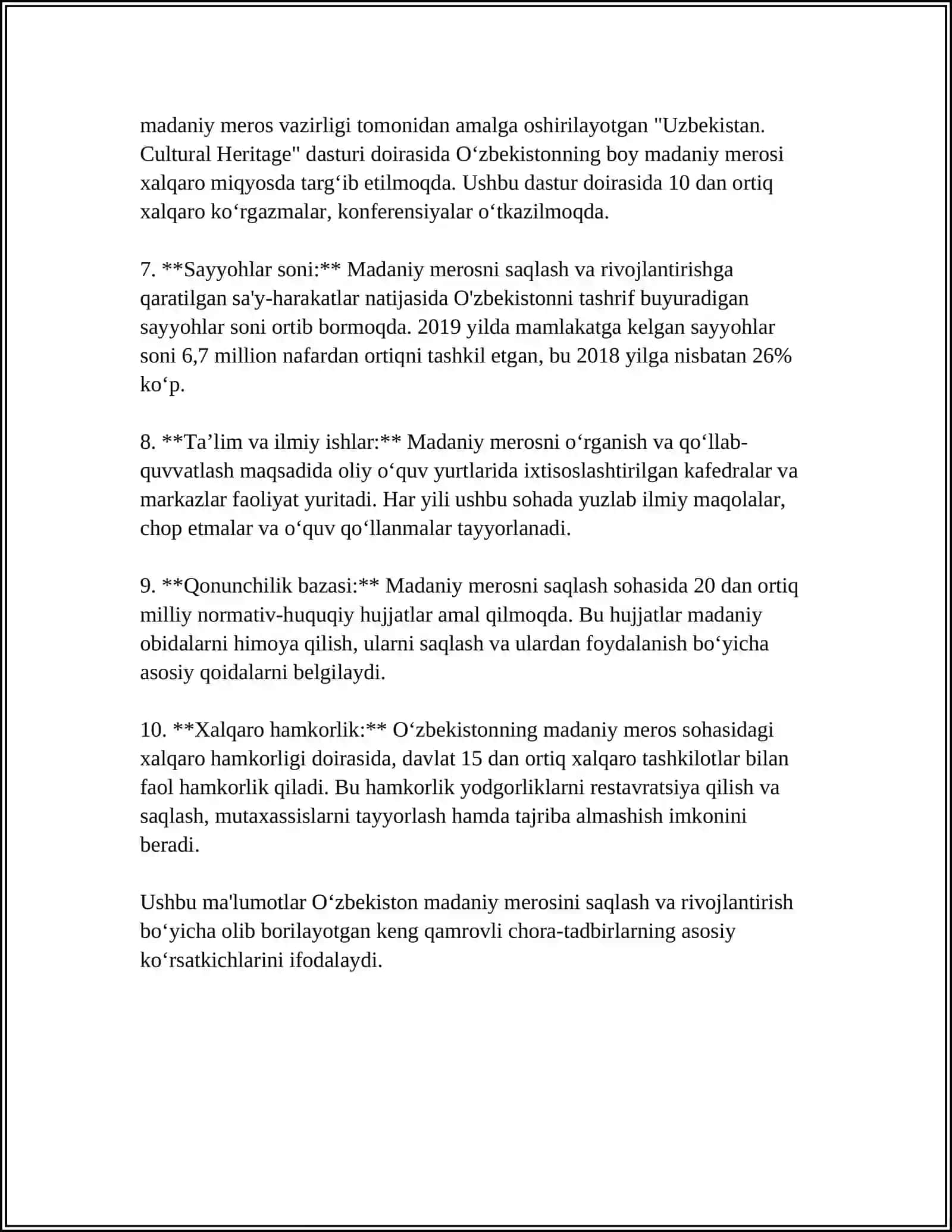 MUSTAQIL ISH Mavzu: O'ZBEKISTONNING ENG YANGI TARIXI FANIDAN MAVZU:MADANIYAT VA SAN'ATNI RIVOJLANISHI.MILLIY SPORTNI RIVOJLANTIRISH.O'ZBEKISTONDA TURIZMNI RIVOJLANTIRISH 4